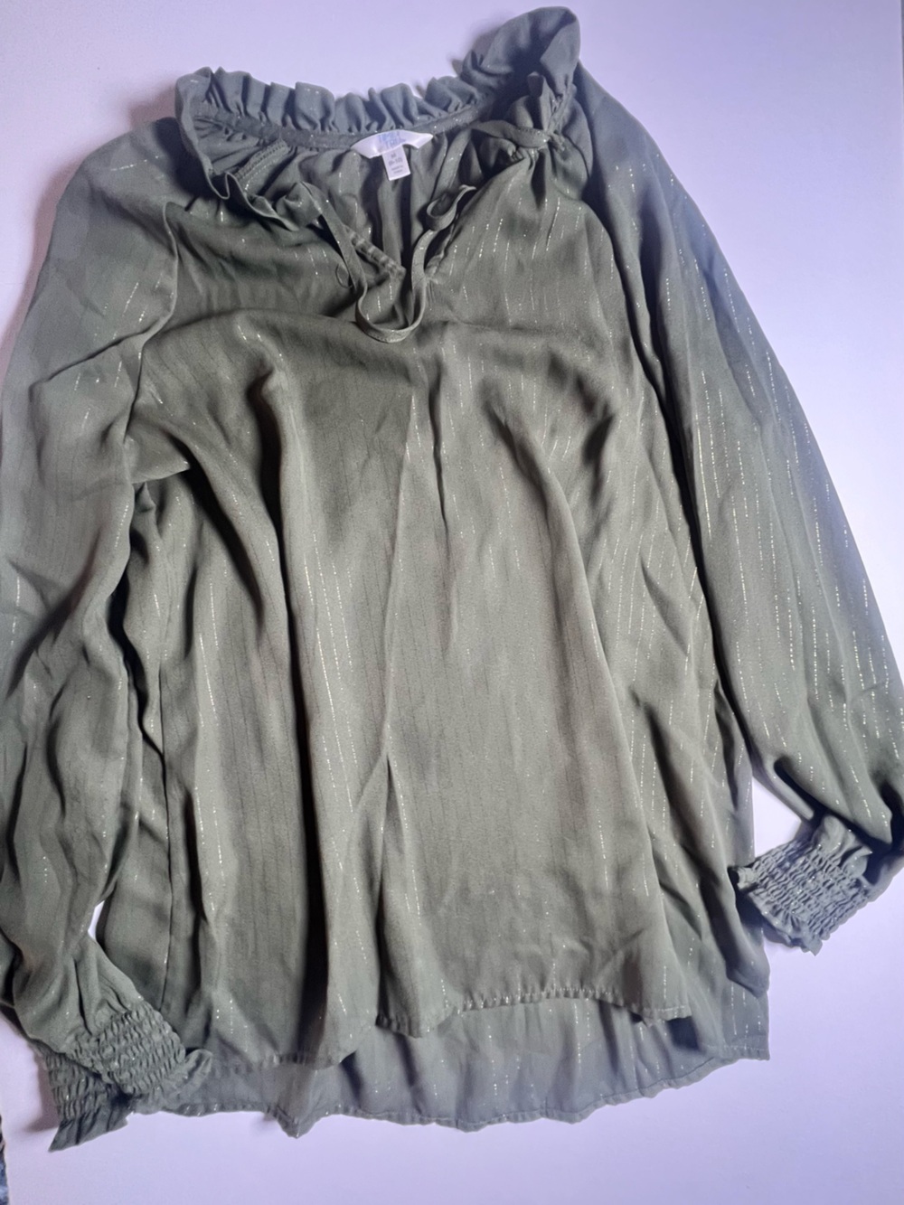 Time and Tru Olive Green Ruffle Neck Blouse with Metallic Thread